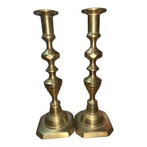 2 X Antique 1800s Queen Ann Brass Candlestick – Beautiful 10" tall Candle Holder